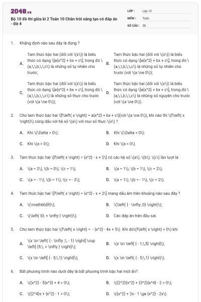 Bộ 10 đề thi giữa kì 2 Toán 10 Chân trời sáng tạo có đáp án - Đề 4