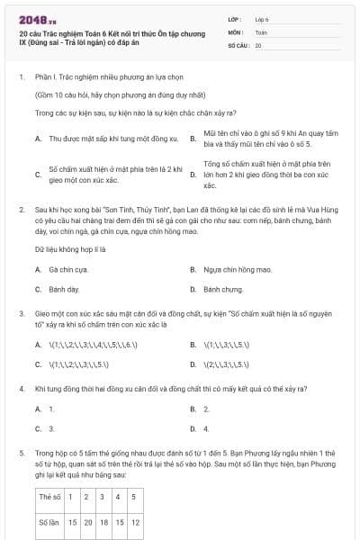 20 câu Trắc nghiệm Toán 6 Kết nối tri thức Ôn tập chương IX  (Đúng sai - Trả lời ngắn) có đáp án