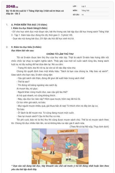 Bộ 10 đề thi cuối kì 1 Tiếng Việt lớp 3 Kết nối tri thức có đáp án - Đề 3