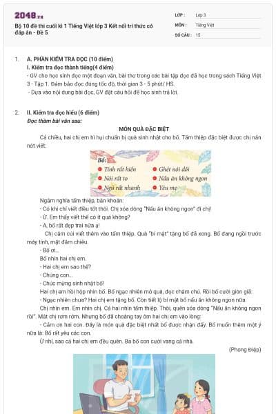 Bộ 10 đề thi cuối kì 1 Tiếng Việt lớp 3 Kết nối tri thức có đáp án - Đề 5