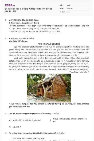 Bộ 10 đề thi cuối kì 1 Tiếng Việt lớp 3 Kết nối tri thức có đáp án - Đề 6