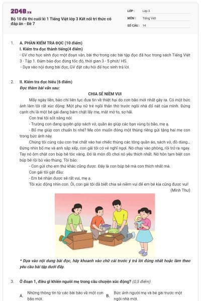 Bộ 10 đề thi cuối kì 1 Tiếng Việt lớp 3 Kết nối tri thức có đáp án - Đề 7