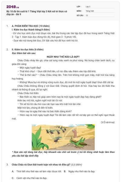Bộ 10 đề thi cuối kì 1 Tiếng Việt lớp 3 Kết nối tri thức có đáp án - Đề 9