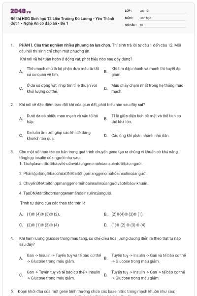Đề thi HSG Sinh học 12 Liên Trường Đô Lương - Yên Thành đợt 1 - Nghệ An có đáp án - Đề 1