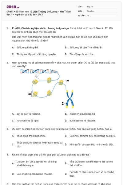 Đề thi HSG Sinh học 12 Liên Trường Đô Lương - Yên Thành đợt 1 - Nghệ An có đáp án - Đề 3