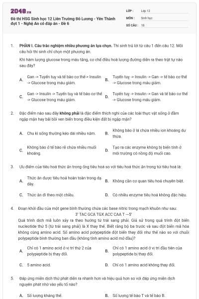 Đề thi HSG Sinh học 12 Liên Trường Đô Lương - Yên Thành đợt 1 - Nghệ An có đáp án - Đề 6