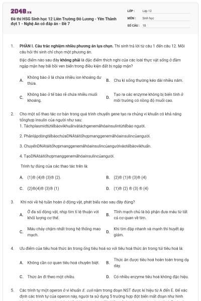 Đề thi HSG Sinh học 12 Liên Trường Đô Lương - Yên Thành đợt 1 - Nghệ An có đáp án - Đề 7