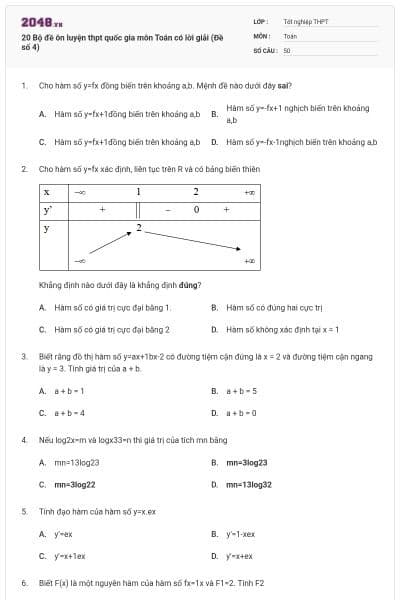 20 Bộ đề ôn luyện thpt quốc gia môn Toán có lời giải (Đề số 4)