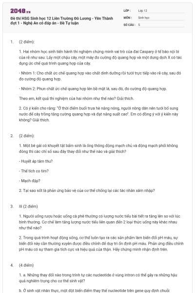 Đề thi HSG Sinh học 12 Liên Trường Đô Lương - Yên Thành đợt 1 - Nghệ An có đáp án - Đề Tự luận