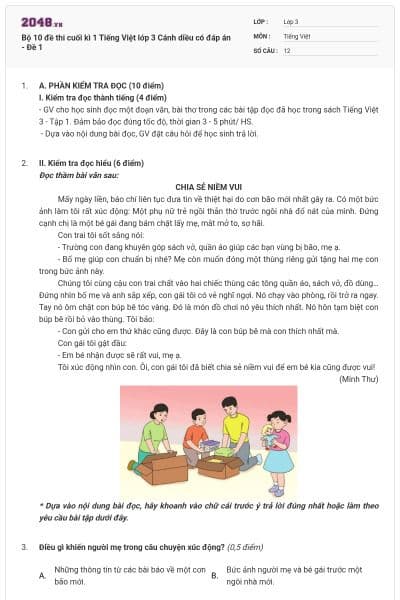 Bộ 10 đề thi cuối kì 1 Tiếng Việt lớp 3 Cánh diều có đáp án - Đề 1