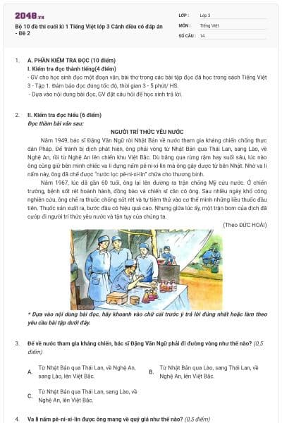 Bộ 10 đề thi cuối kì 1 Tiếng Việt lớp 3 Cánh diều có đáp án - Đề 2