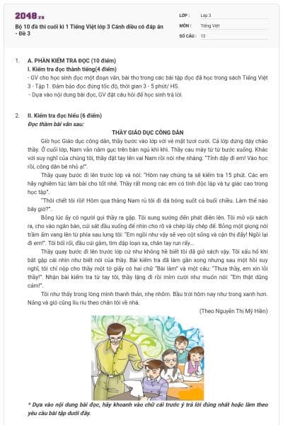 Bộ 10 đề thi cuối kì 1 Tiếng Việt lớp 3 Cánh diều có đáp án - Đề 3