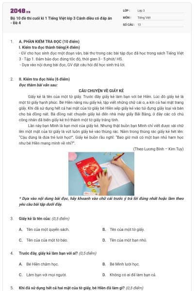 Bộ 10 đề thi cuối kì 1 Tiếng Việt lớp 3 Cánh diều có đáp án - Đề 4