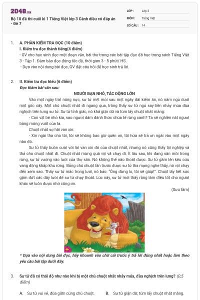 Bộ 10 đề thi cuối kì 1 Tiếng Việt lớp 3 Cánh diều có đáp án - Đề 7