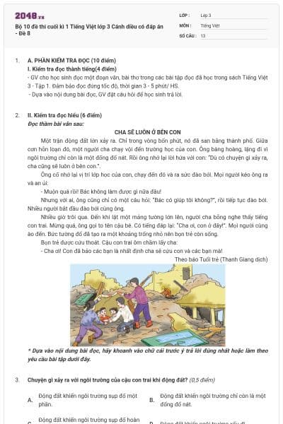 Bộ 10 đề thi cuối kì 1 Tiếng Việt lớp 3 Cánh diều có đáp án - Đề 8