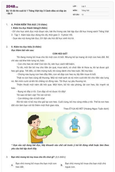 Bộ 10 đề thi cuối kì 1 Tiếng Việt lớp 3 Cánh diều có đáp án - Đề 9