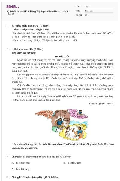 Bộ 10 đề thi cuối kì 1 Tiếng Việt lớp 3 Cánh diều có đáp án - Đề 10