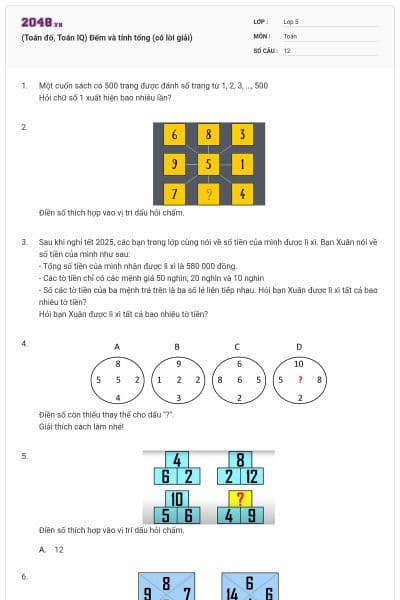 (Toán đố, Toán IQ) Đếm và tính tổng (có lời giải)