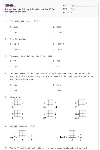 Bài tập hàng ngày Toán lớp 4 Kết nối tri thức Bài 58. So sánh phân số có đáp án