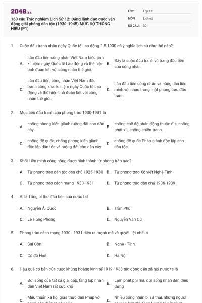 160 câu Trắc nghiệm Lịch Sử 12: Đảng lãnh đạo cuộc vận động giải phóng dân tộc (1930-1945)  MỨC ĐỘ THÔNG HIỂU (P1)