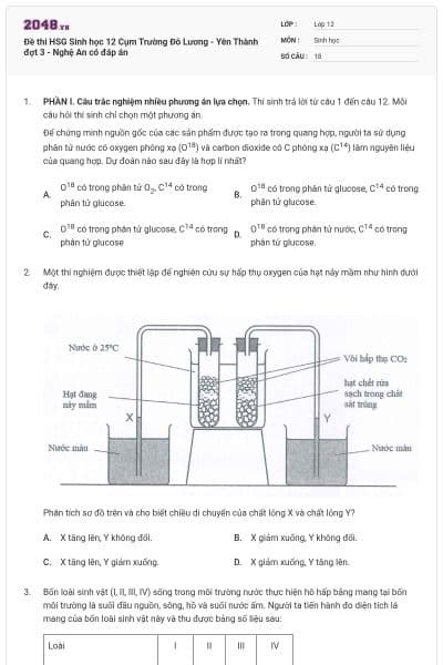 Đề thi HSG Sinh học 12 Cụm Trường Đô Lương - Yên Thành đợt 3 - Nghệ An có đáp án