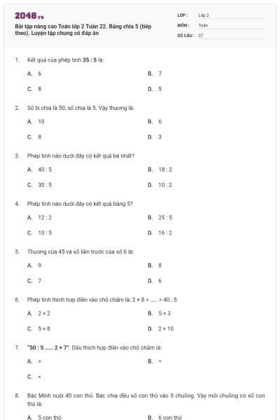 Bài tập nâng cao Toán lớp 2 Tuần 22. Bảng chia 5 (tiếp theo). Luyện tập chung có đáp án