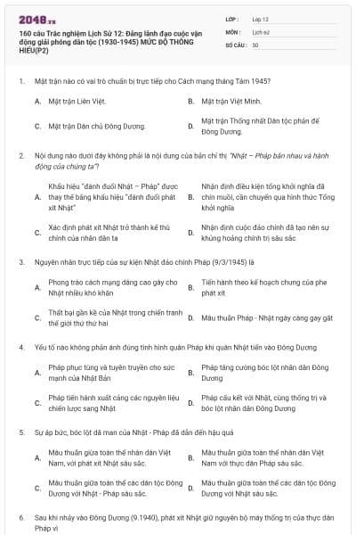 160 câu Trắc nghiệm Lịch Sử 12: Đảng lãnh đạo cuộc vận động giải phóng dân tộc (1930-1945)  MỨC ĐỘ THÔNG HIỂU(P2)