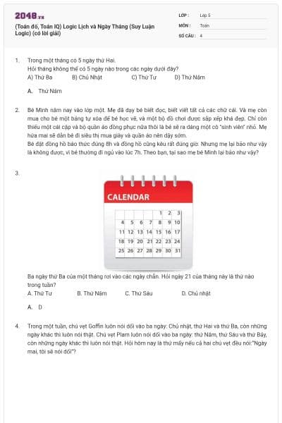 (Toán đố, Toán IQ) Logic Lịch và Ngày Tháng (Suy Luận Logic) (có lời giải)