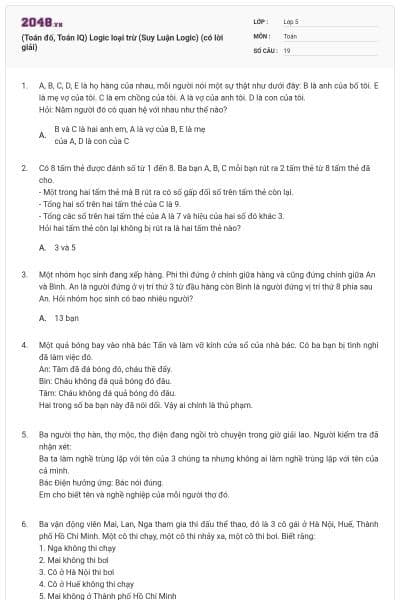 (Toán đố, Toán IQ) Logic loại trừ (Suy Luận Logic) (có lời giải)