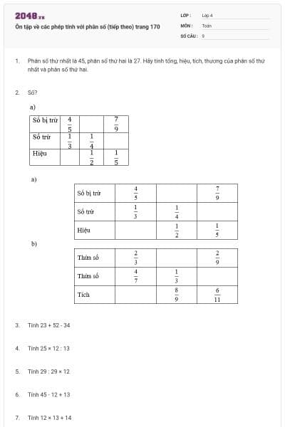 Ôn tập về các phép tính với phân số (tiếp theo) trang 170