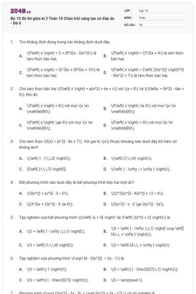 Bộ 10 đề thi giữa kì 2 Toán 10 Chân trời sáng tạo có đáp án - Đề 6