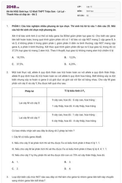 Đề thi HSG Sinh học 12 Khối THPT Triệu Sơn - Lê Lợi - Thanh Hóa có đáp án - Đề 2