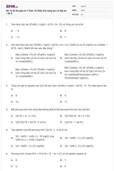 Bộ 10 đề thi giữa kì 2 Toán 10 Chân trời sáng tạo có đáp án - Đề 8