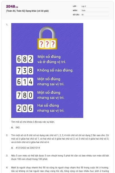 (Toán đố, Toán IQ) Dạng khác (có lời giải)