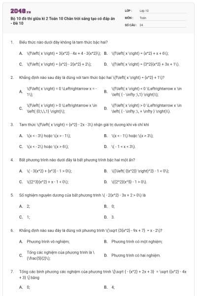 Bộ 10 đề thi giữa kì 2 Toán 10 Chân trời sáng tạo có đáp án - Đề 10