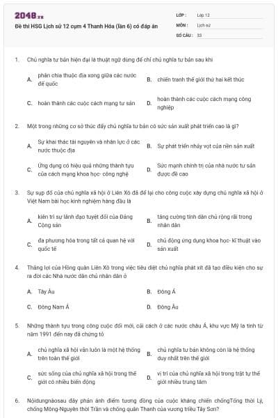 Đề thi HSG Lịch sử 12 cụm 4 Thanh Hóa (lần 6) có đáp án