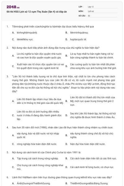 Đề thi HSG Lịch sử 12 cụm Thọ Xuân (lần 4) có đáp án