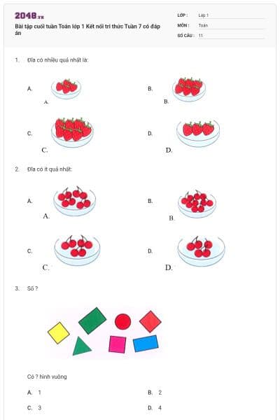 Bài tập cuối tuần Toán lớp 1 Kết nối tri thức Tuần 7 có đáp án