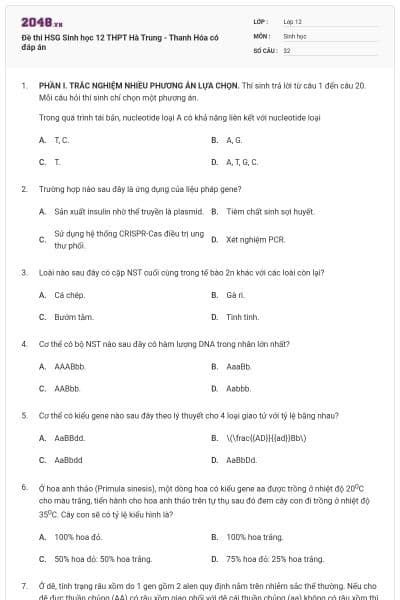 Đề thi HSG Sinh học 12 THPT Hà Trung - Thanh Hóa có đáp án