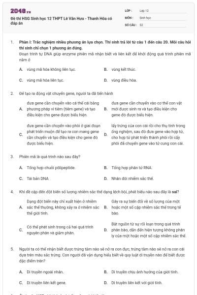 Đề thi HSG Sinh học 12 THPT Lê Văn Hưu - Thanh Hóa có đáp án