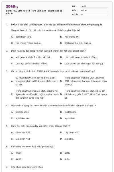 Đề thi HSG Sinh học 12 THPT Sầm Sơn - Thanh Hoá có đáp án