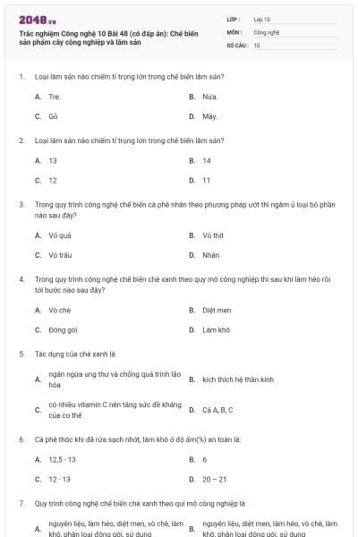 Trắc nghiệm Công nghệ 10 Bài 48 (có đáp án): Chế biến sản phẩm cây công nghiệp và lâm sản