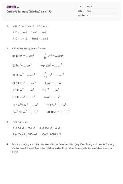Ôn tập về đại lượng (tiếp theo) trang 172