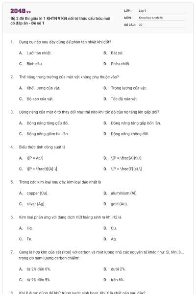 Bộ 2 đề thi giữa kì 1 KHTN 9 Kết nối tri thức cấu trúc mới có đáp án - Đề số 1