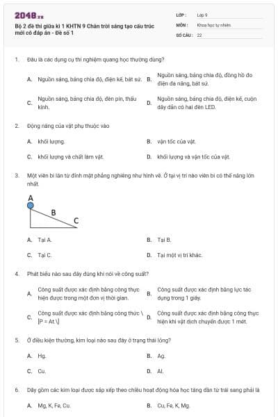 Bộ 2 đề thi giữa kì 1 KHTN 9 Chân trời sáng tạo cấu trúc mới có đáp án - Đề số 1