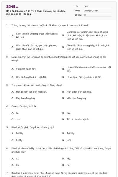 Bộ 2 đề thi giữa kì 1 KHTN 9 Chân trời sáng tạo cấu trúc mới có đáp án - Đề số 2
