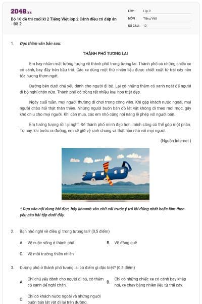 Bộ 10 đề thi cuối kì 2 Tiếng Việt lớp 2 Cánh diều có đáp án - Đề 2