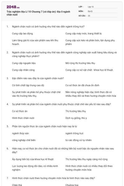 Trắc nghiệm Địa Lí 10 Chương 7 (có đáp án): Địa lí ngành chăn nuôi