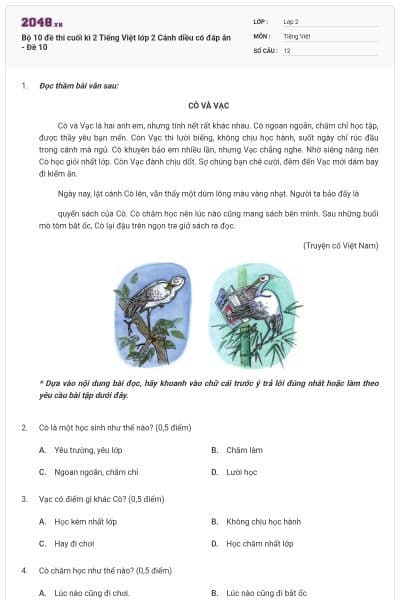 Bộ 10 đề thi cuối kì 2 Tiếng Việt lớp 2 Cánh diều có đáp án - Đề 10