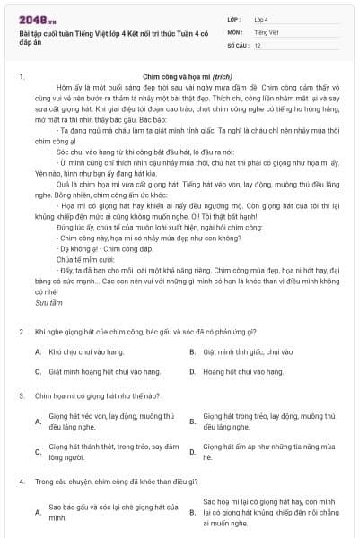 Bài tập cuối tuần Tiếng Việt lớp 4 Kết nối tri thức Tuần 4 có đáp án